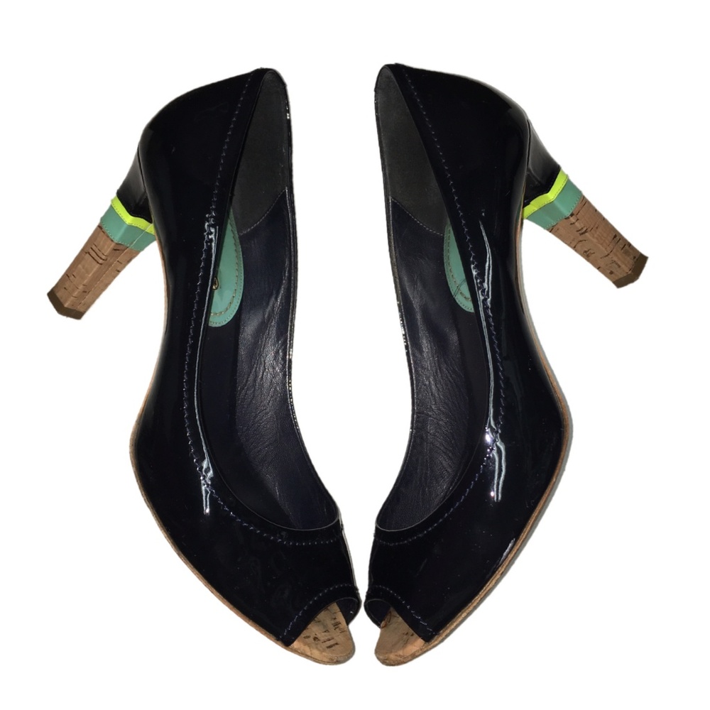 Céline Navy Patent Leather Peep Toe Cork Pumps - Picture 2 of 8